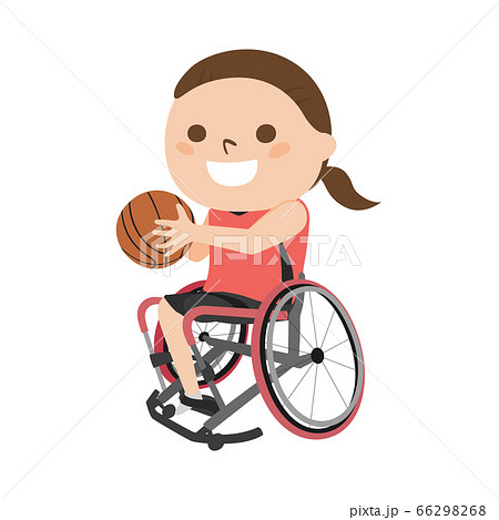 車いすバスケットボール選手のイラスト 笑顔でプレーしてる若い女性 のイラスト素材