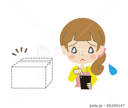 点線の箱とスマートフォンを操作して困り顔をする女性のイラスト素材