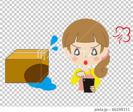 濡れた箱とスマートフォンを操作して怒る女性のイラスト素材