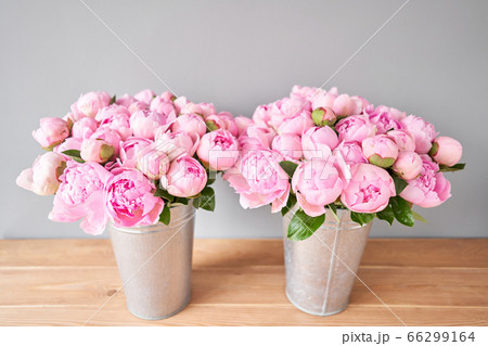 Two vases with peonies for Flowers delivery. Pink Angel Cheeks peonies in a metal vase. Beautiful peony flower for catalog or online store. Floral shop concept . Two vases with peonies for Flowers delivery. Pink Angel Cheeks peonies in a metal vase. Beautiful peony flower for catalog or online store. Floral shop concept . 66299164