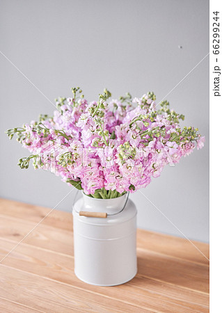 Bouquet of Beautiful lilac mattiola. Spring flowers in vase on wooden table. Flowers delivery. 66299244