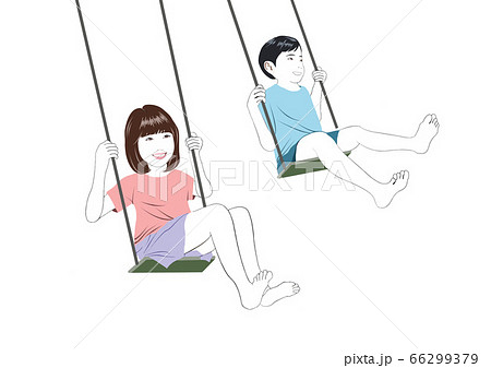 ブランコで遊ぶ男の子と女の子のイラスト素材
