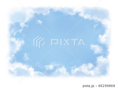 見上げた青い空に浮かぶ雲の水彩イラストのフレームのイラスト素材