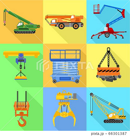 Industrial lift machine icon set, flat style Industrial lift machine icon set, flat style 66301387