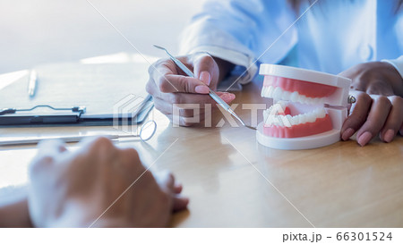 Dentist showing and explaining teeth disease treatment to patient using teeth model denture. 66301524