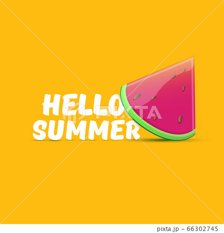 Vector Hello Summer Beach Party Flyer Design template with fresh watermelon slice isolated on orange background. Hello summer concept label or poster with fruit and typographic text Vector Hello Summer Beach Party Flyer Design template with fresh watermelon slice isolated on orange background. Hello summer concept label or poster with fruit and typographic text 66302745