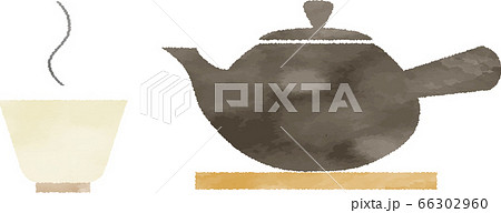 水彩風 急須とお茶碗のイラスト 日本風ティータイムのイラスト素材
