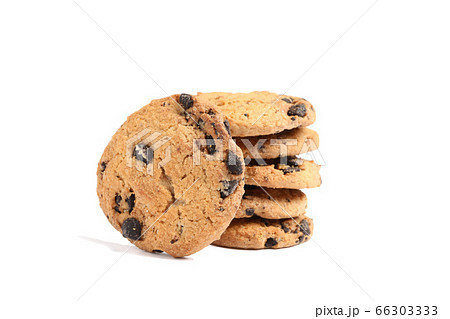 Stack of tasty chocolate chip cookies on white 66303333