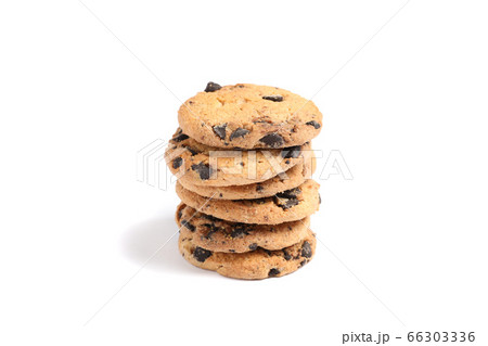 Stack of tasty chocolate chip cookies on white Stack of tasty chocolate chip cookies on white 66303336