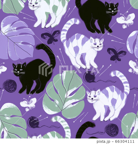 Seamless pattern with digital painted cats and monstera leaves on a violet background 66304111