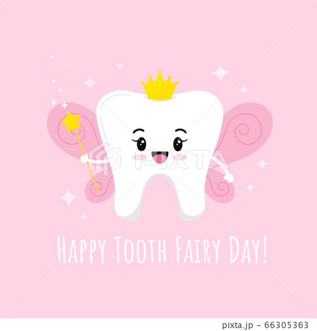 Cute Tooth Fairy with magic wand with star wings gold crown and sparkles isolated on pink background. 66305363