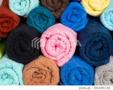 closeup set of colored towels 66306136