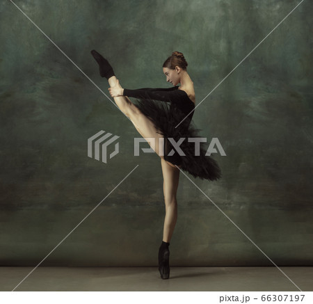 Young graceful tender ballerina on dark studio background 66307197