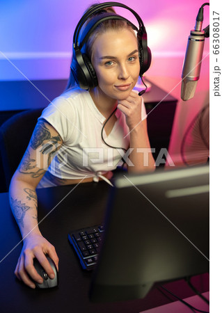 Happy and Beautiful Blonde Gamer Girl Playing Online Video Game on Her  Personal Computer Stock Photo by kjekol