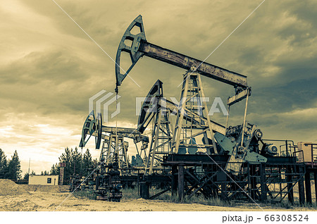 Petroleum concept. Oil pump rig. Oil and gas production. Oilfield site. Pump Jack are running. Drilling derricks for fossil fuels output and crude oil production. Global crisis. War on oil prices. 66308524