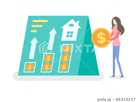 Person Standing with Coin, Money and House Vector Person Standing with Coin, Money and House Vector 66310257