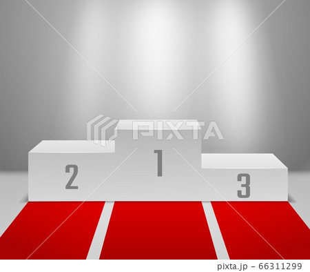 Winners podium with red carpet. Empty white winners pedestal with spotlights, first, second and third place. Awards ceremony vector concept 66311299