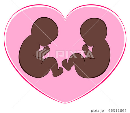 Outline illustration of two black babies or twins with a pink heart around them. Isolated vector on white background. 66311865