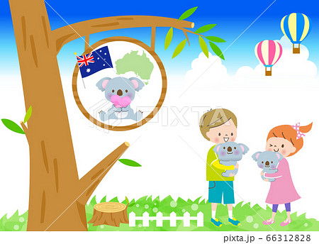 オーストラリアでかわいいコアラを抱っこする笑顔の男の子と女の子 青空のイラスト素材