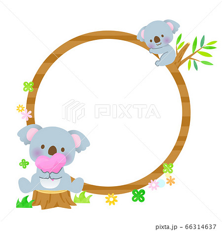 ハートを持って切り株に座るかわいいコアラと丸い木の枠に抱きつくコアラのイラスト素材