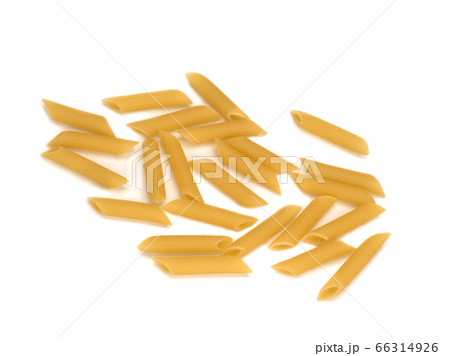 Italy dry raw pasta penne rigate. Closeup on white background 66314926
