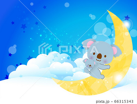 三日月の上で眠るかわいい仲良しコアラの親子 綺麗な夜空の雲の上のイラスト素材
