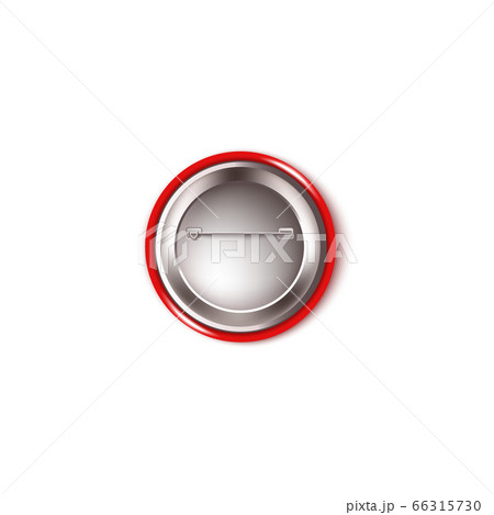 Round red button pin - back view. Realistic mockup of the backside of a plastic circle brooch with metal needle and fastening wire hook 66315730