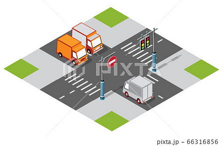 Car van at the crossroads of downtown in the town 3d illustration 66316856