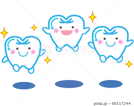歯医者のキャラクター笑顔でキラキラとジャンプしている歯くんたちのイラスト素材