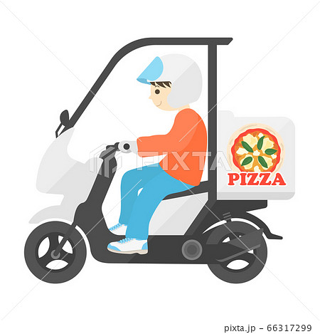 デリバリーピザをバイクで配達する人のイラストのイラスト素材