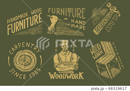 Wooden labels set for Workshop or signboards. Woodworker carpenter man, joiner and furniture. Hammer Wooden labels set for Workshop or signboards. Woodworker carpenter man, joiner and furniture. Hammer 66319617