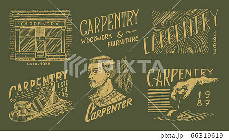 Wooden labels set for Workshop or signboards. Woodworker carpenter man, joiner and furniture Wooden labels set for Workshop or signboards. Woodworker carpenter man, joiner and furniture 66319619