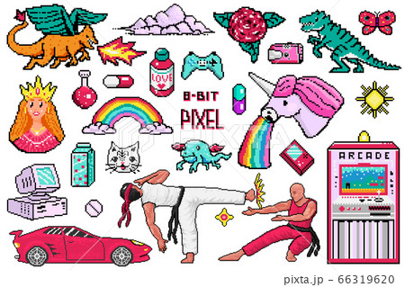 Pixel art 8 bit objects. Retro digital game assets. Set of Pink fashion icons. Vintage girly Pixel art 8 bit objects. Retro digital game assets. Set of Pink fashion icons. Vintage girly 66319620