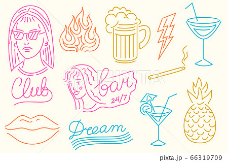 Set of fashion neon sign. Night light signboard, Glowing banner. Summer emblem. Club Bar logo on 66319709