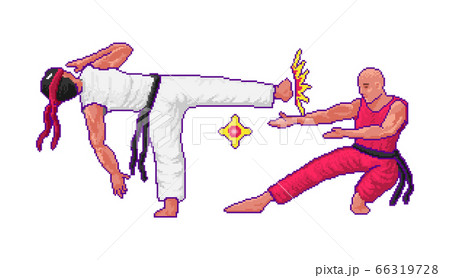 Japanese Karate. Fight or Battle in the game concept. Pixel art 8 bit characters objects. Retro Japanese Karate. Fight or Battle in the game concept. Pixel art 8 bit characters objects. Retro 66319728