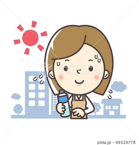 外で水分補給をする主婦のイラストのイラスト素材