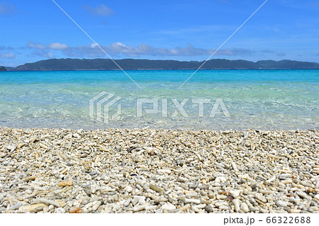 珊瑚の欠片と透き通るきれいな碧い海／古座間味ビーチの写真素材