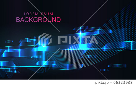 Dark geometric composition with blue sparkling stripes, thin wavy stripes 66323938