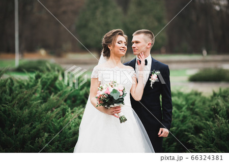 Beautiful bride and groom embracing and kissing on their wedding day Beautiful bride and groom embracing and kissing on their wedding day 66324381