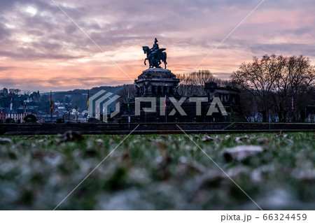 Colorful Sunrise burning sky Koblenz City historic monument German Corner where river rhine and mosele flow together Colorful Sunrise burning sky Koblenz City historic monument German Corner where river rhine and mosele flow together 66324459