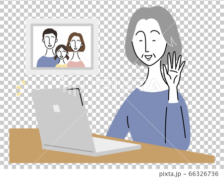 パソコンで家族とテレビ電話をするシニア女性のイラスト素材