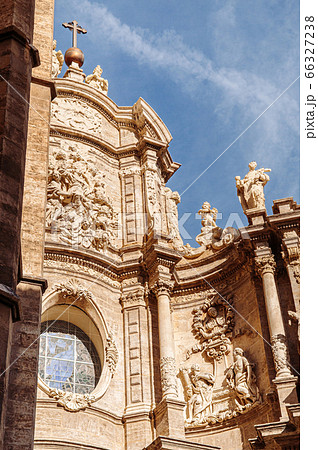 Front entrance facade of Torre del Micalet at Valencia cathedral. Spain 66327238