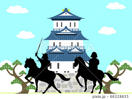 戦国武将と城の風景のイラスト素材