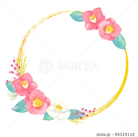 椿の花の円フレーム 水彩イラストのイラスト素材