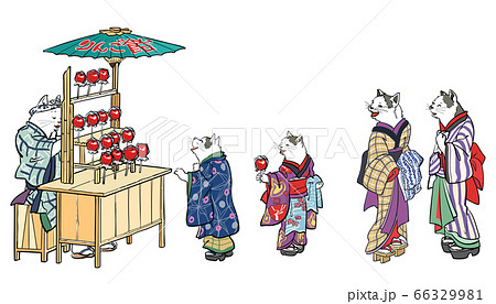 浮世絵猫のお風呂屋さん 屋台セットのイラスト素材