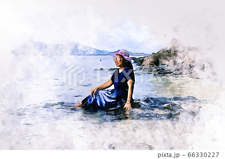 Abstract colorful young woman traveling holiday summer on the beach at Phuket, Thailand on watercolor illustration painting background. Abstract colorful young woman traveling holiday summer on the beach at Phuket, Thailand on watercolor illustration painting background. 66330227