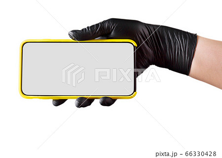 Hand in black glove holding mobile phone with blank screen isolated on white 66330428
