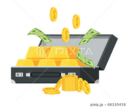 Leather briefcase with gold bars and stacks of gold coins. Leather briefcase with gold bars and stacks of gold coins. 66330458