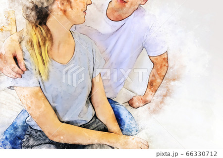 Abstract colorful happiness young couple hug at home on watercolor illustration painting background. 66330712