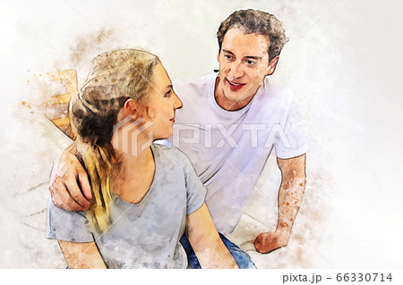 Abstract colorful happiness young couple hug at home on watercolor illustration painting background. 66330714